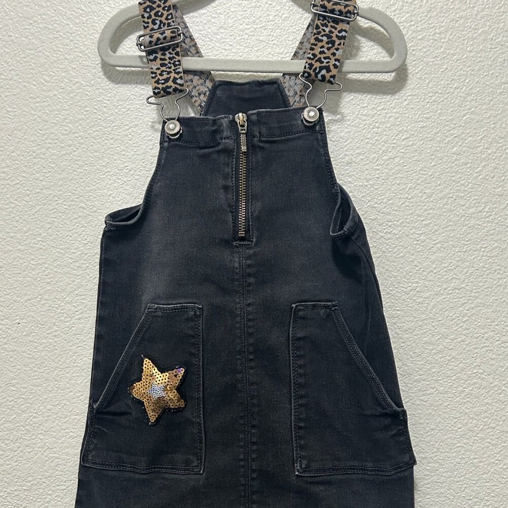 Wonder Nation black denim jumper, leopard adjustable straps, gold sequins, XS